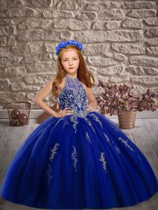 Dramatic Royal Blue Ball Gowns Tulle Halter Top Sleeveless Beading Lace Up Little Girl Pageant Gowns Sweep Train