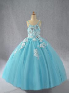 Admirable Aqua Blue Ball Gowns Spaghetti Straps Sleeveless Tulle Floor Length Lace Up Beading and Appliques Girls Pagean