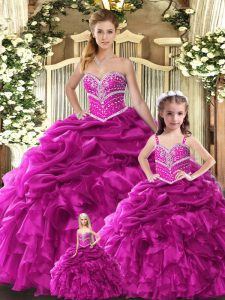 Fuchsia Lace Up Sweetheart Beading and Ruffles Quinceanera Dresses Organza Sleeveless
