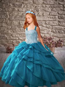 Fancy Blue Ball Gowns Organza Straps Sleeveless Beading and Ruffled Layers Floor Length Lace Up Pageant Gowns For Girls
