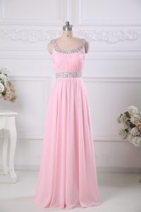 Glittering Baby Pink Scoop Side Zipper Beading and Ruching Prom Evening Gown Sleeveless