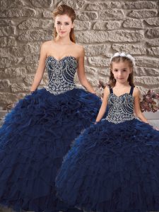 Navy Blue Sleeveless Floor Length Beading and Ruffles Lace Up 15 Quinceanera Dress