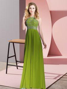 Top Selling Olive Green Chiffon Backless Dress for Prom Sleeveless Floor Length Beading