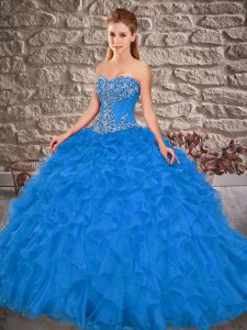 Blue Sweetheart Lace Up Beading and Ruffles Ball Gown Prom Dress Brush Train Sleeveless