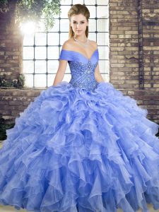 High End Lace Up Quince Ball Gowns Lavender for Military Ball and Sweet 16 and Quinceanera with Beading and Ruffles Brus