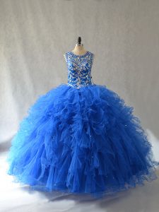 Best Selling Scoop Sleeveless Side Zipper Ball Gown Prom Dress Blue Tulle