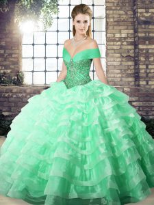 Exquisite Apple Green Off The Shoulder Neckline Beading and Ruffled Layers Quinceanera Dress Sleeveless Lace Up