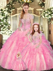 Customized Baby Pink Strapless Lace Up Beading and Ruffles Ball Gown Prom Dress Sleeveless