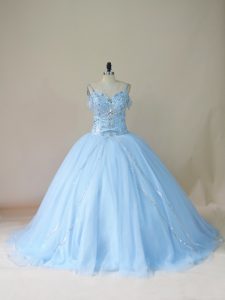 Ball Gowns Sleeveless Light Blue Quinceanera Gown Brush Train Lace Up