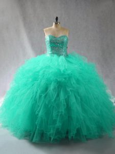 Fashion Floor Length Ball Gowns Sleeveless Turquoise Quinceanera Dress Lace Up