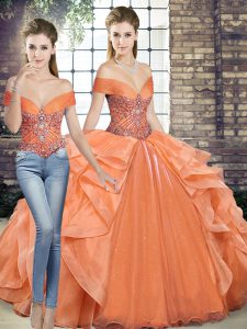 Lovely Sleeveless Floor Length Beading and Ruffles Lace Up Quinceanera Dresses with Orange