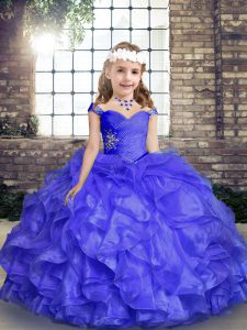 Trendy Blue Ball Gowns Beading and Ruffles Little Girl Pageant Dress Lace Up Organza Sleeveless Floor Length