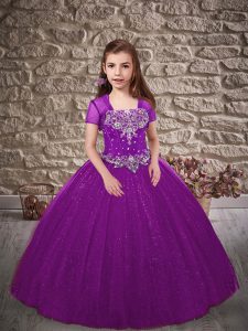 Most Popular Sleeveless Tulle Sweep Train Lace Up Child Pageant Dress in Purple with Beading