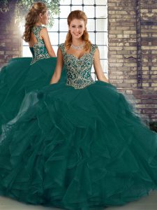 Modern Straps Sleeveless Tulle Sweet 16 Dresses Beading and Ruffles Lace Up