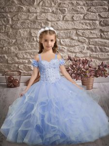 Fantastic Lavender Lace Up Kids Pageant Dress Appliques and Ruffles Sleeveless Sweep Train