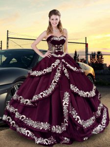 Superior Sleeveless Embroidery and Ruffled Layers Lace Up Quince Ball Gowns with Purple
