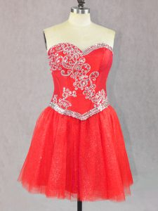Red Tulle Lace Up Prom Gown Sleeveless Mini Length Beading