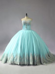 Blue Ball Gowns Sweetheart Sleeveless Tulle Court Train Lace Up Appliques Quinceanera Dresses