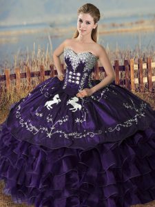 Deluxe Purple Sweetheart Lace Up Embroidery and Ruffles Sweet 16 Quinceanera Dress Sleeveless
