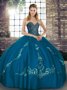 Blue Ball Gowns Tulle Sweetheart Sleeveless Beading and Embroidery Floor Length Lace Up Quince Ball Gowns