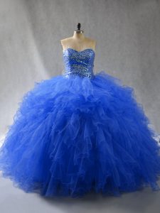 Glorious Royal Blue Ball Gowns Beading and Ruffles Quinceanera Gowns Lace Up Tulle Sleeveless Floor Length