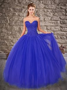 Royal Blue Lace Up Sweetheart Embroidery Vestidos de Quinceanera Tulle Sleeveless Brush Train