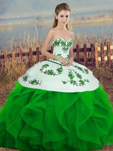 Custom Made Green Tulle Lace Up Quinceanera Dresses Sleeveless Floor Length Embroidery and Ruffles and Bowknot