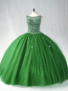 Dark Green Sleeveless Tulle Brush Train Zipper Ball Gown Prom Dress for Sweet 16 and Quinceanera