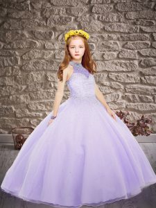 High Quality Lavender Ball Gowns Tulle Halter Top Sleeveless Beading Lace Up Kids Pageant Dress Brush Train