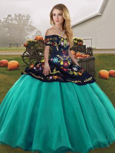 Captivating Ball Gowns 15th Birthday Dress Turquoise Off The Shoulder Tulle Sleeveless Floor Length Lace Up