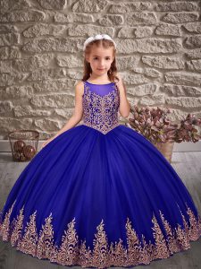 Blue Tulle Lace Up Scoop Sleeveless Floor Length Pageant Gowns For Girls Appliques