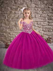 Fuchsia Ball Gowns Beading Little Girls Pageant Dress Lace Up Tulle Sleeveless Floor Length