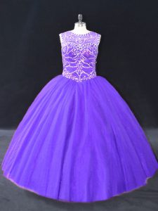 Glittering Floor Length Purple Quinceanera Dresses Halter Top Sleeveless Lace Up