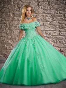 Colorful Turquoise Ball Gowns Tulle Off The Shoulder Short Sleeves Lace and Appliques Lace Up 15th Birthday Dress Brush 