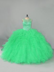 Custom Fit Tulle Scoop Sleeveless Lace Up Beading and Ruffles Quinceanera Gowns in Turquoise