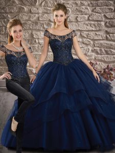 Free and Easy Navy Blue Sleeveless Lace and Ruffled Layers Lace Up Quinceanera Gown