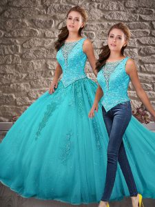 Aqua Blue Two Pieces Tulle Scoop Sleeveless Beading and Appliques Zipper Quinceanera Gown Brush Train
