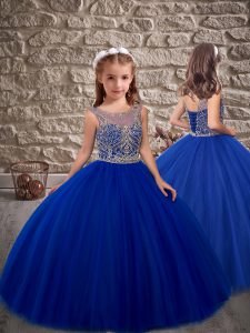 Custom Design Royal Blue Lace Up Scoop Beading Little Girls Pageant Gowns Tulle Sleeveless Sweep Train