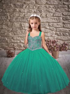 Ball Gowns Child Pageant Dress Turquoise Straps Tulle Sleeveless Floor Length Lace Up
