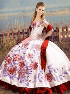 White And Red Lace Up Off The Shoulder Embroidery and Ruffles Sweet 16 Dresses Satin Sleeveless