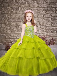 Unique Sleeveless Sweep Train Lace Up Embroidery and Ruffled Layers Little Girls Pageant Dress