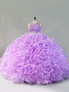 Colorful Scoop Sleeveless Quinceanera Dress Floor Length Beading and Ruffles Lavender Fabric With Rolling Flowers