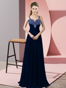 Navy Blue Sleeveless Beading Floor Length Dress for Prom