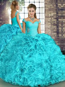 Aqua Blue Ball Gowns Off The Shoulder Sleeveless Organza Floor Length Lace Up Beading and Ruffles Quince Ball Gowns