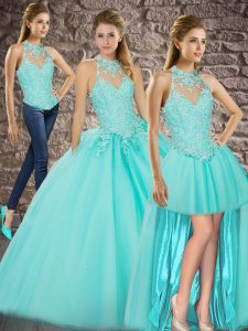 Lace Up Sweet 16 Dress Aqua Blue for Military Ball and Sweet 16 and Quinceanera with Beading and Appliques Sweep Train