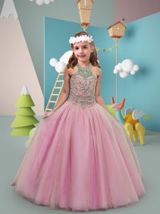 Nice Lace Up Little Girls Pageant Dress Wholesale Rose Pink for Wedding Party with Beading Sweep Train