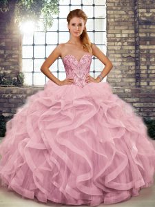 Pink Sweetheart Lace Up Beading and Ruffles Ball Gown Prom Dress Sleeveless