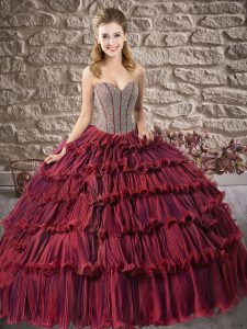 Dynamic Sleeveless Organza Floor Length Lace Up Vestidos de Quinceanera in Burgundy with Beading and Ruffled Layers