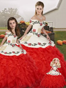 Trendy Off The Shoulder Sleeveless Lace Up 15th Birthday Dress White And Red Organza