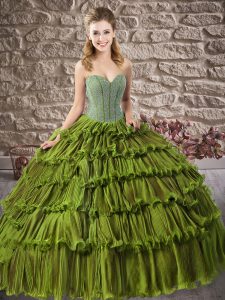 Sleeveless Floor Length Beading and Ruffled Layers Lace Up Quinceanera Dresses with Olive Green